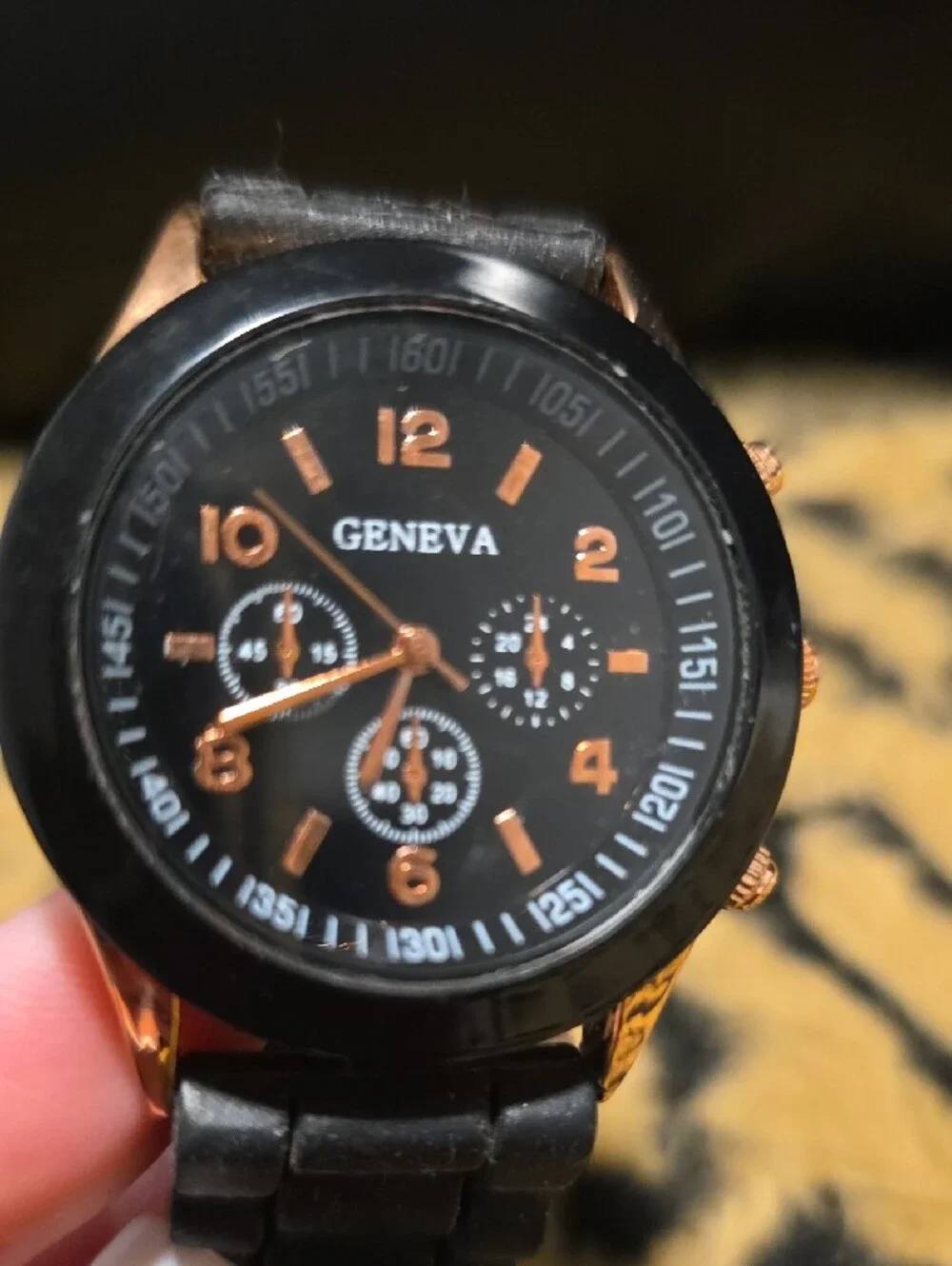 Geneva Black Silicone Strap Watch with Rose Gold Accents