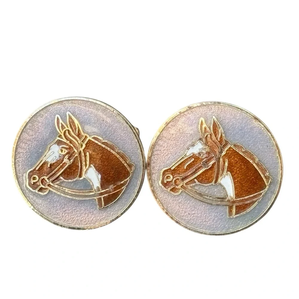 Horse Head Cufflinks Gold Tone Crackle‎ Enamel Round Figural Brown Horse Vintage