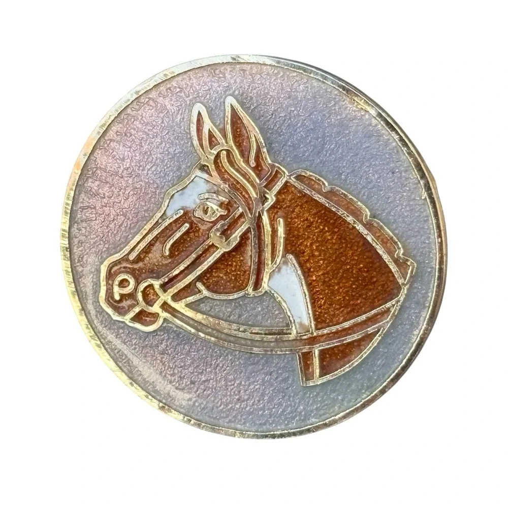 Horse Head Cufflinks Gold Tone Crackle‎ Enamel Round Figural Brown Horse Vintage