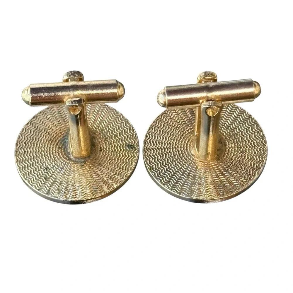 Horse Head Cufflinks Gold Tone Crackle‎ Enamel Round Figural Brown Horse Vintage