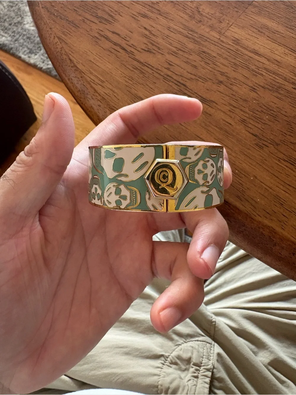 Alexander McQueen green and gold enamel skull wide hinged bangle cuff bracelet