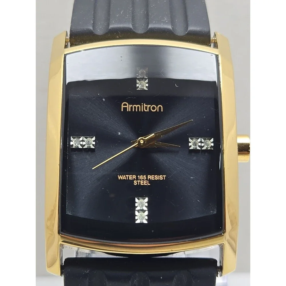 Mens Armitron Diamond 33mm Gold Tone Tank Black Silicon Quartz Watch New Battery