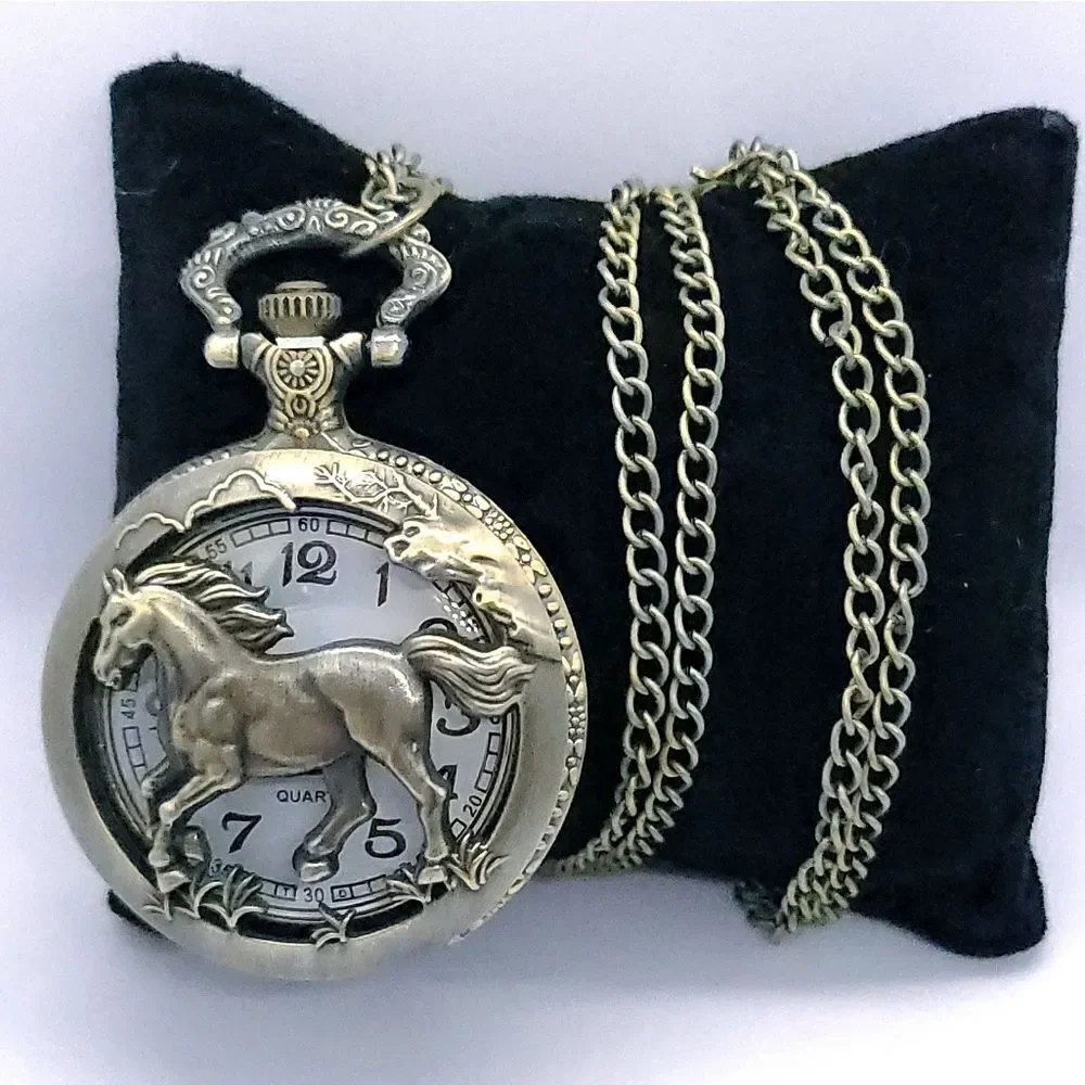 Horse Pocket Watch Antique Bronze Raised Stallion Quartz Chain Western Vintage