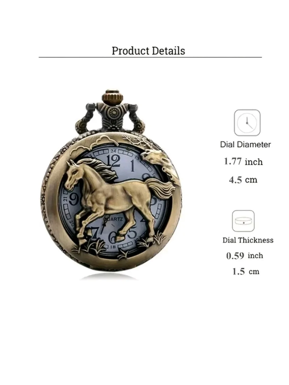 Horse Pocket Watch Antique Bronze Raised Stallion Quartz Chain Western Vintage