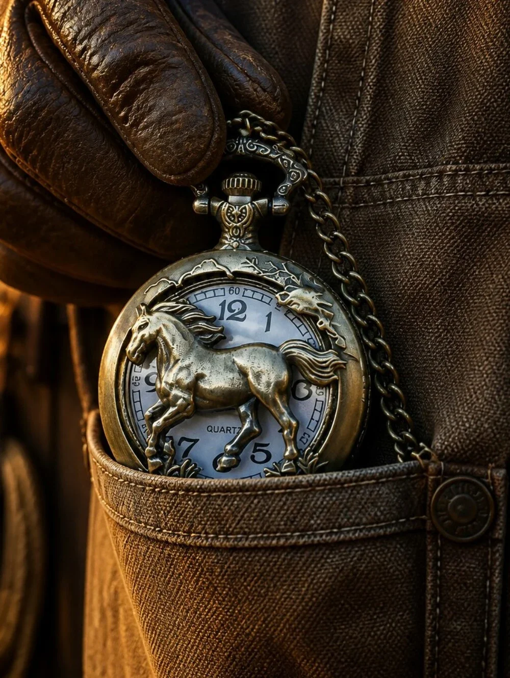 Horse Pocket Watch Antique Bronze Raised Stallion Quartz Chain Western Vintage