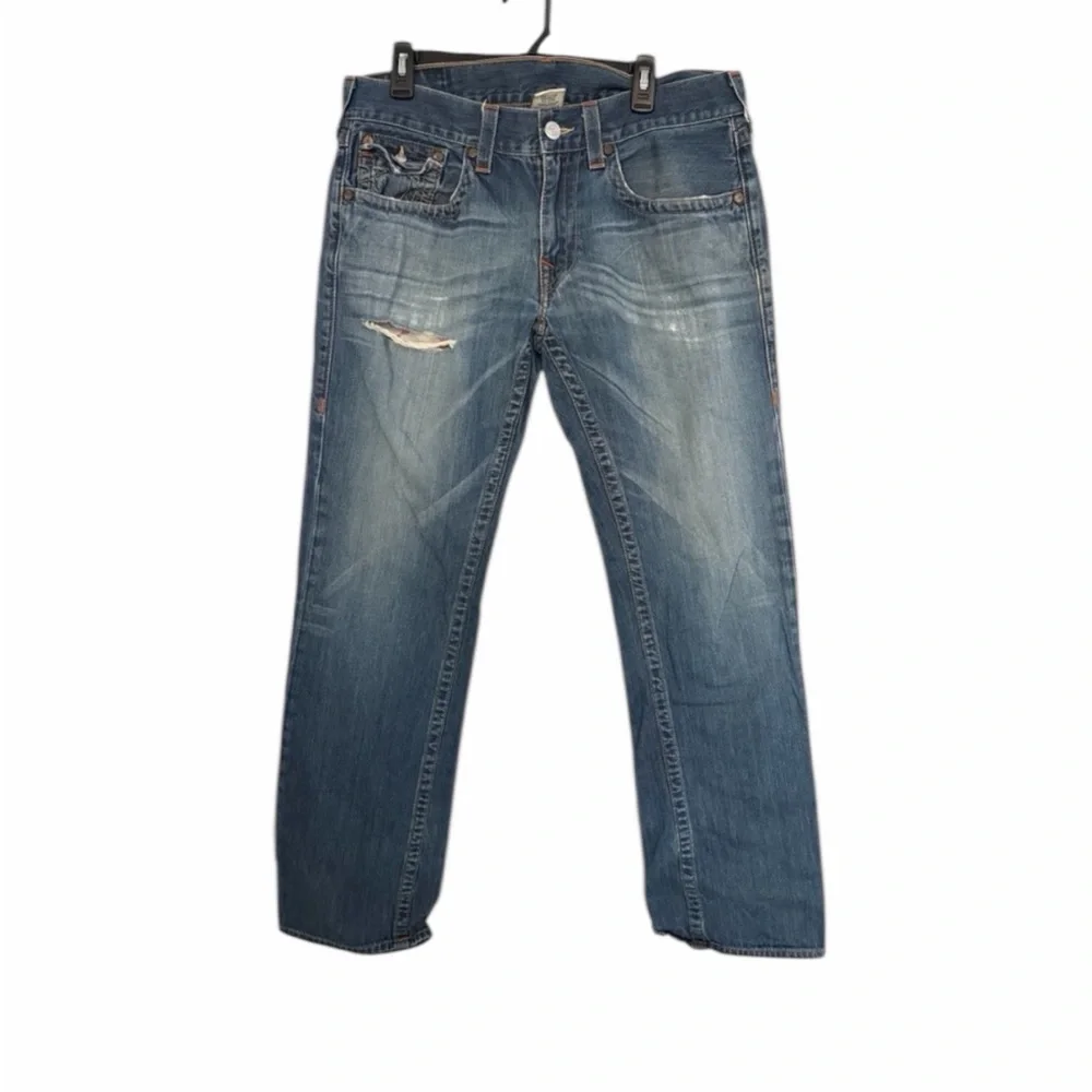 True Religion Jeans Mens 34 Blue Ricky Straight Leg Distressed Denim Inseam 33”