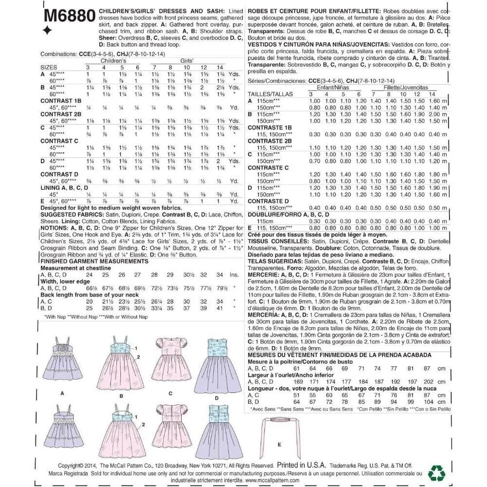 McCalls Sewing Pattern 6880 Dress Party‎ Special Occasion Girls Size 3-6