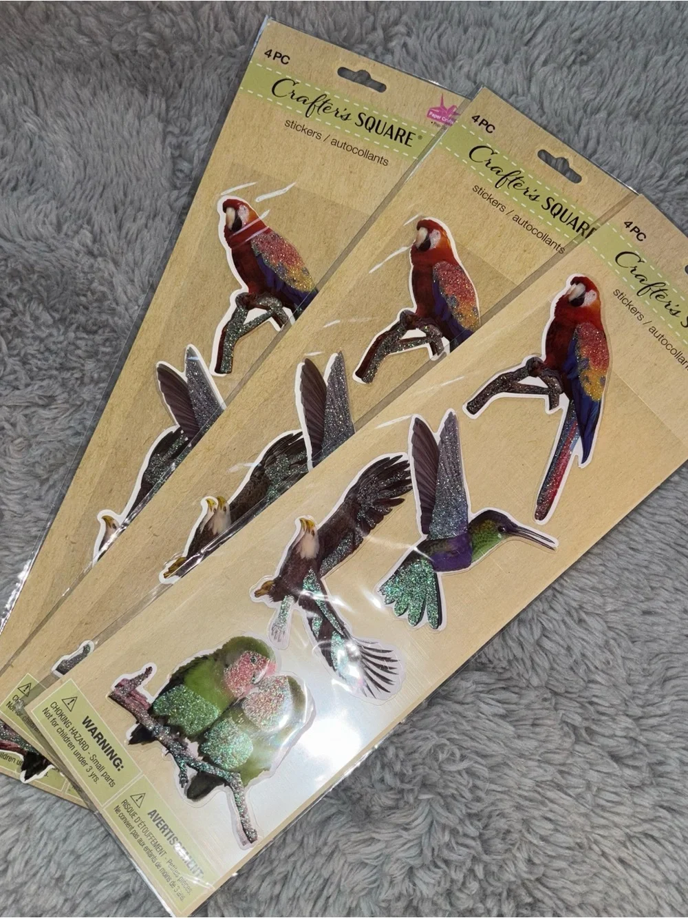 Multicolor Bird Stickers with Glitter – set of 3 Pack of 4