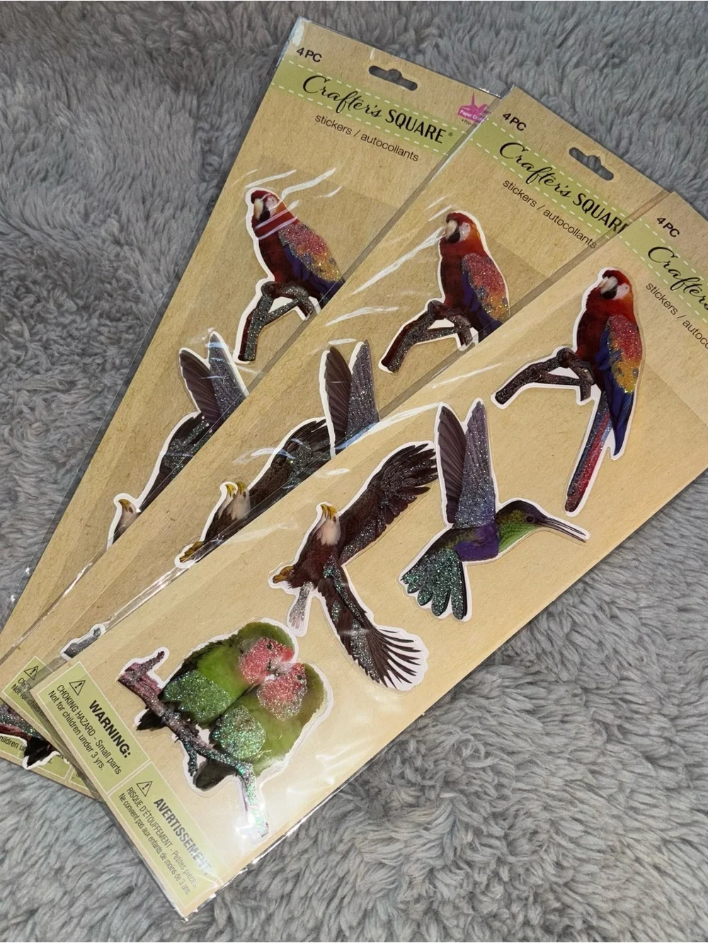 Multicolor Bird Stickers with Glitter – set of 3 Pack of 4