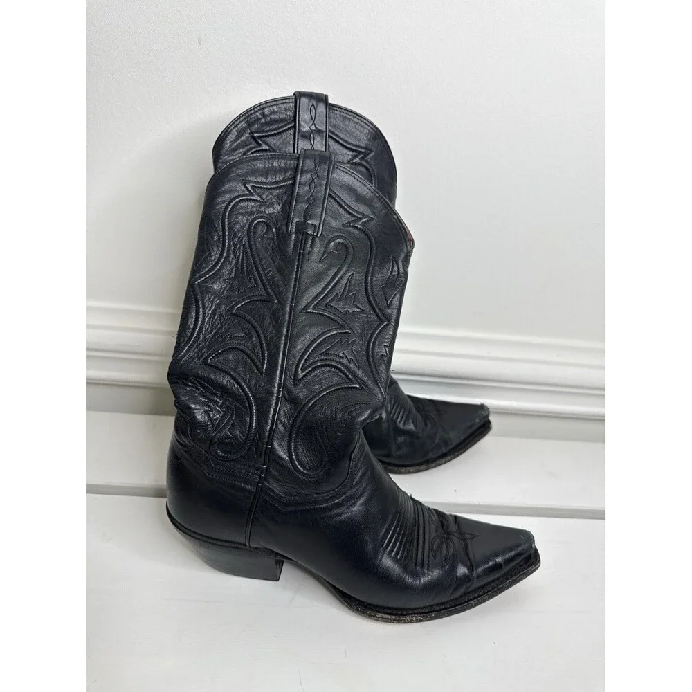 Vintage Black Leather Cowboy Boots Western Embroidered Made in Mexico Size 7.5