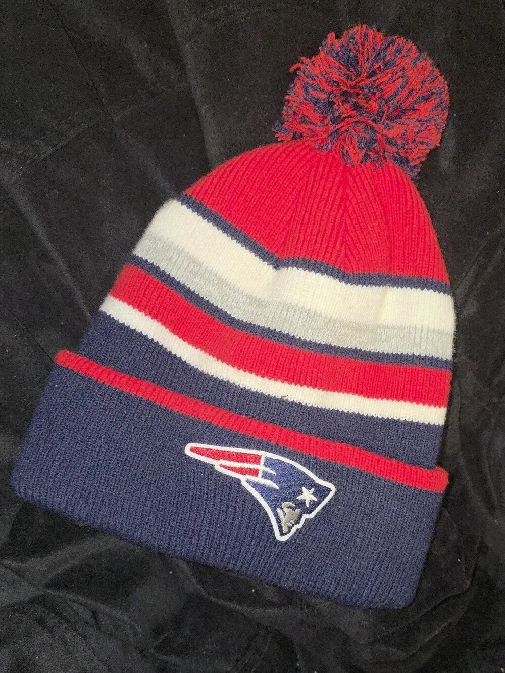 Youth Unisex Patriots Skully Pom Pom Knit Beanie - Red, White & Navy