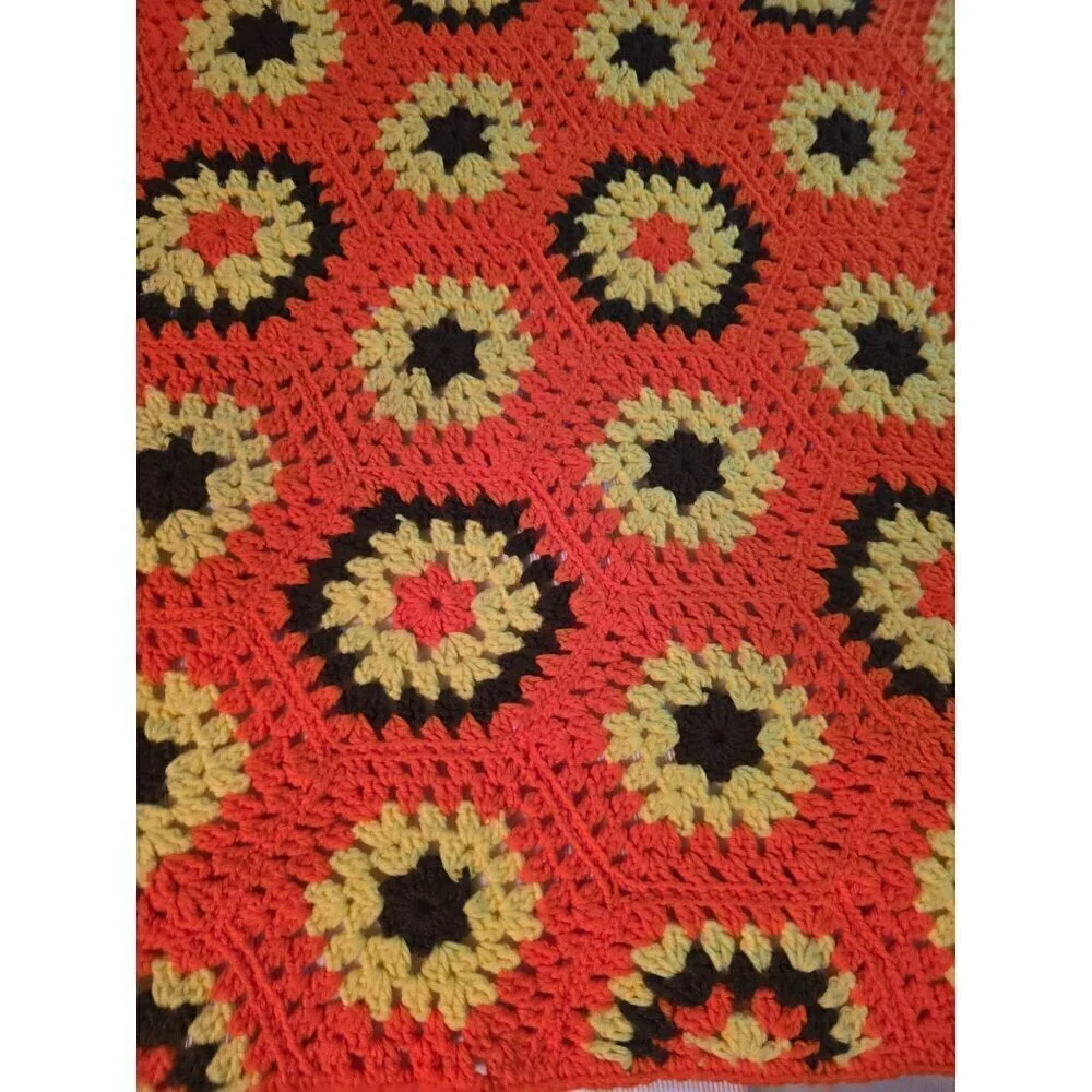 Vintage Handmade Afghan Hexagon Granny Square Crochet Blanket Throw Orange Yello