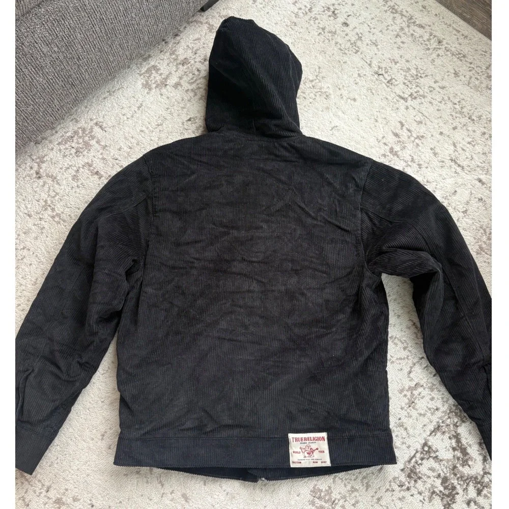 True Religion‎ Mens Corduroy Jacket Bomber Black Hooded Full Zip size small