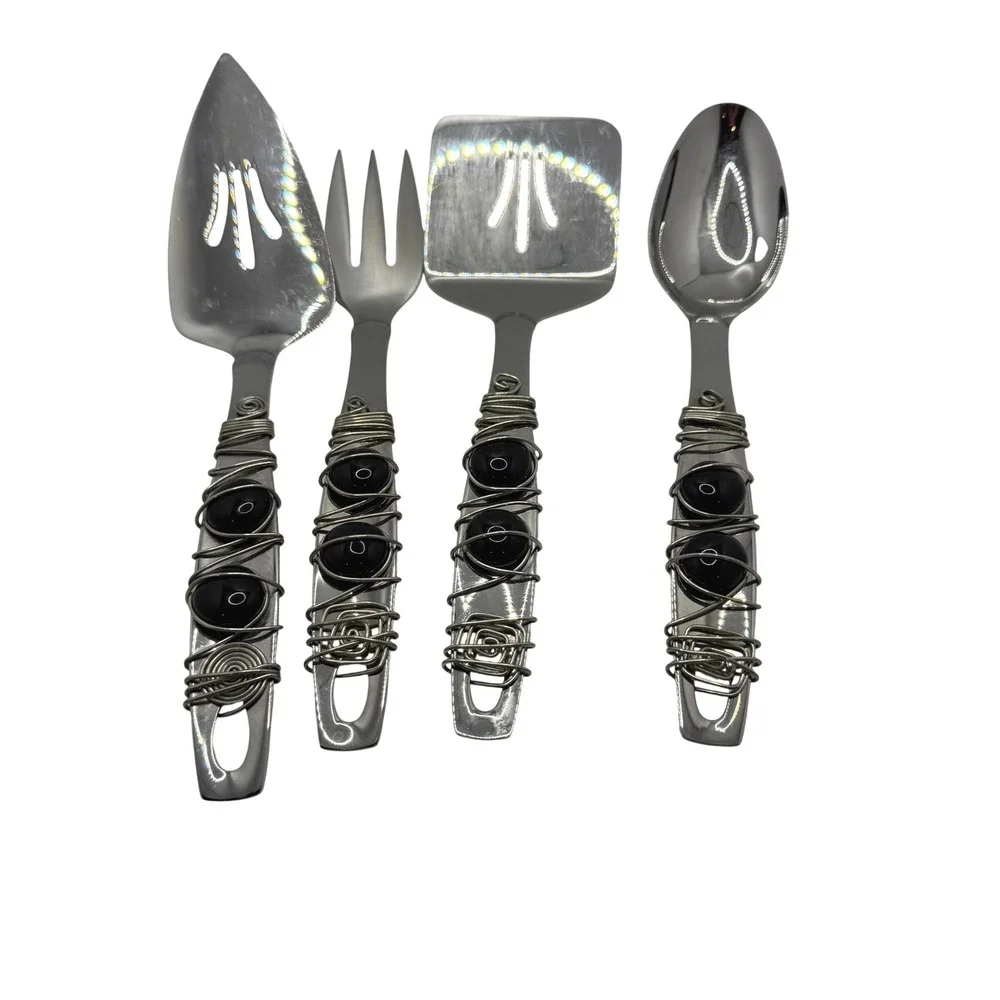 Oneida Stainless Serving Set 4pc Wire Wrapped Black Bead Artisan Buffet Servers