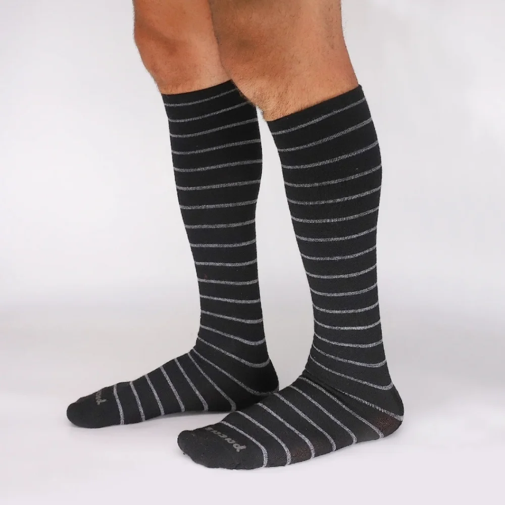 Pacas Mens Tall Black/Grey Striped Socks L/XL