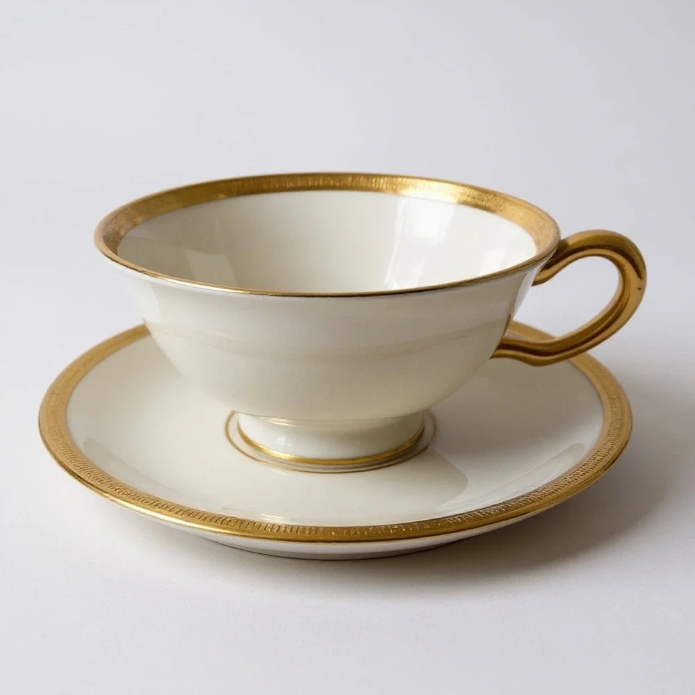 Lenox Tuxedo Footed Cup and Saucer Set Gold Trim Bone China Made In USA