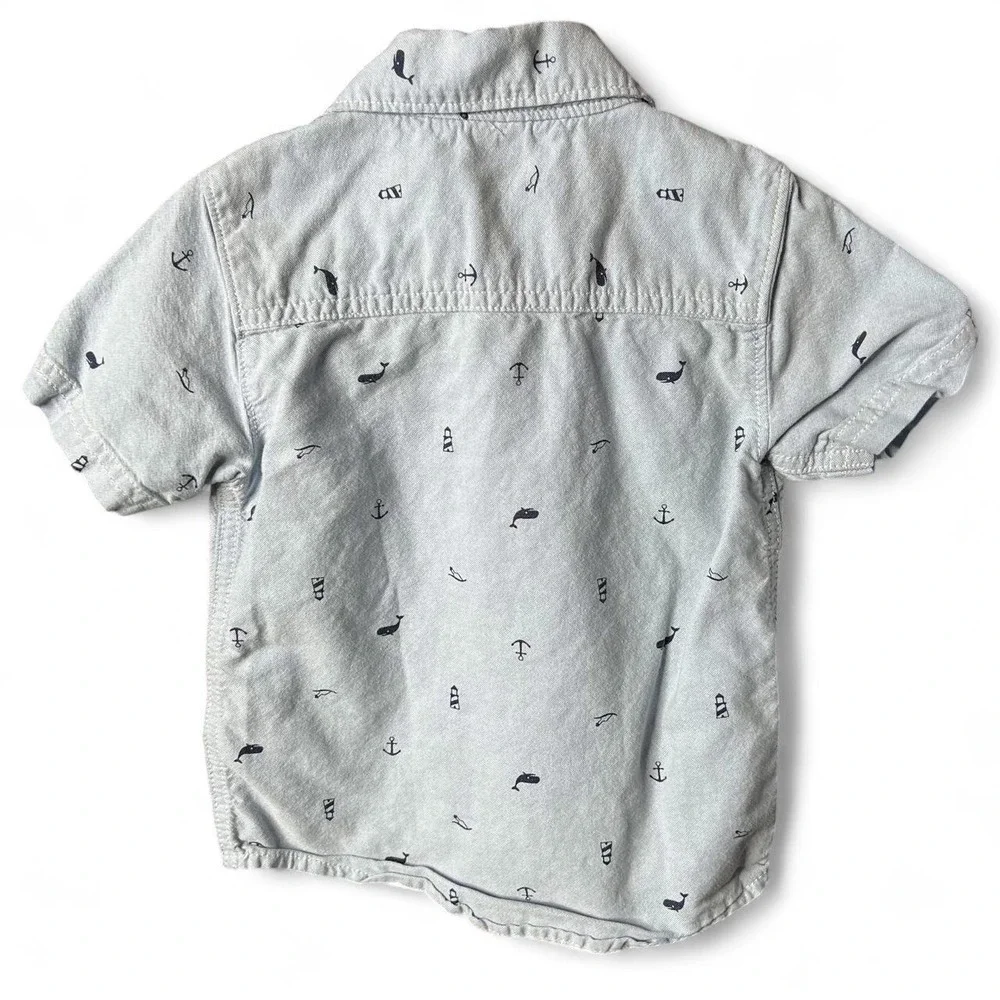 Carters Toddler Boy Nautical Chambray Short Sleeve Whale Anchor Button Shirt 24M