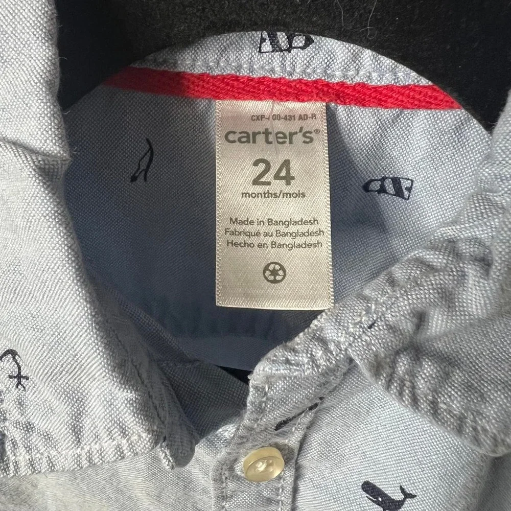 Carters Toddler Boy Nautical Chambray Short Sleeve Whale Anchor Button Shirt 24M
