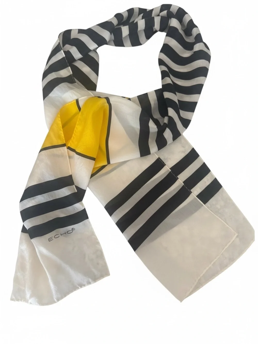 Vintage Echo Yellow, Black & White Striped Silk Scarf