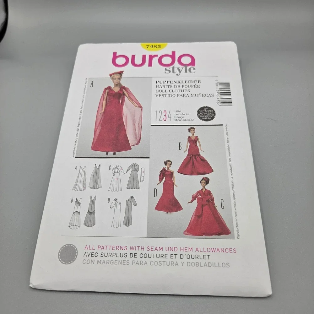 Burda Style 7485 Doll Clothes Sewing Pattern 11.5 Fashion Doll Gowns Dresses