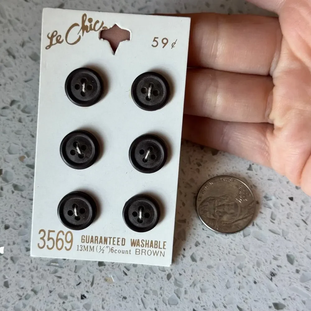 6 NEW on card Vintage 80s Dark Brown Round Flat 4 Hole Buttons 1/2