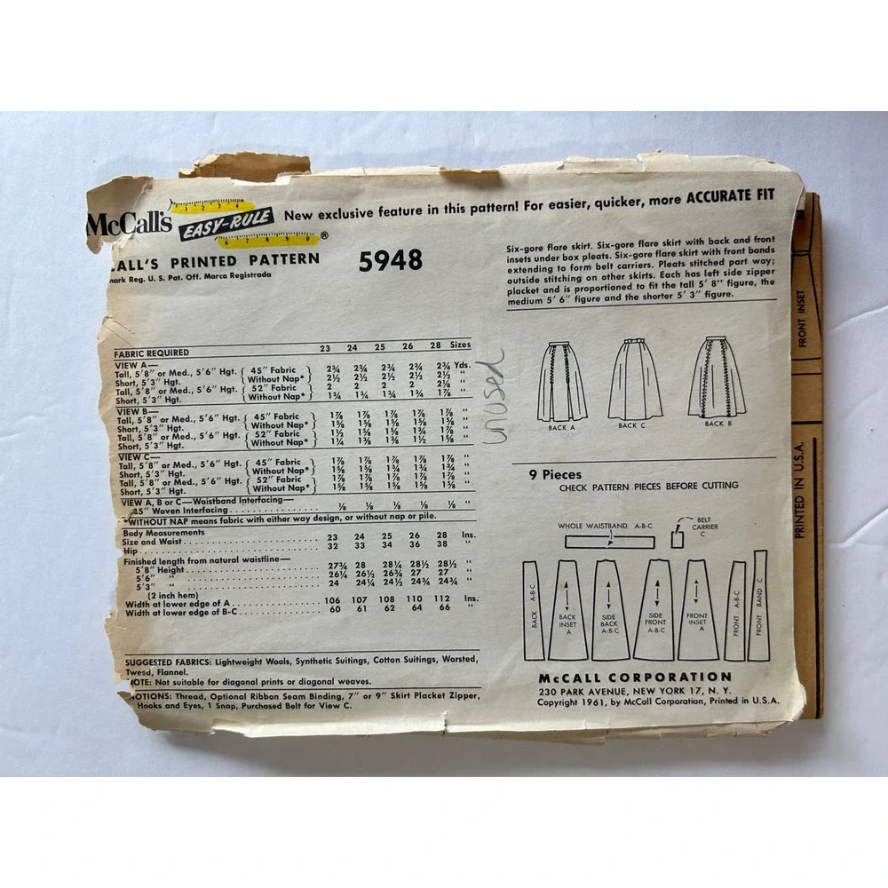 McCalls Vintage 1960's Pattern #5948‎ Women's Skirt Waist 28