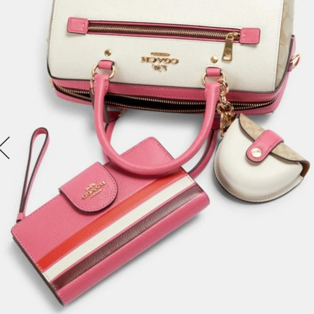 NWT Coach Colorblock Rowan Satchel Handbag Ivory/Pink/Red Leather Signature