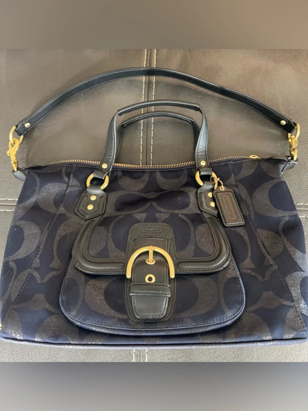 Coach Campbell Signature Metallic Satchel Navy Blue Black F26246