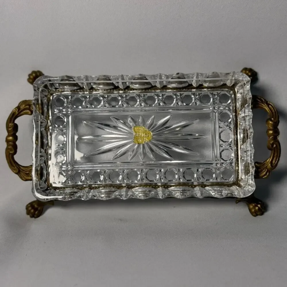 Hollywood Regency Cut Glass Cream & Sugar Set, German Crystal With Footed Tray
