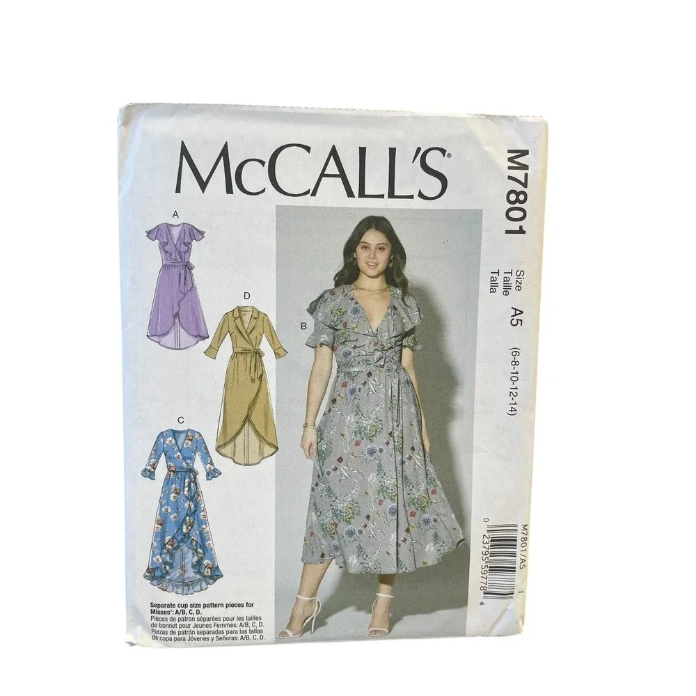 McCall's M7801 Wrap Dress A5‎ (6-14) V-Neck Ruffle Flutter Sleeve Sewing Pattern