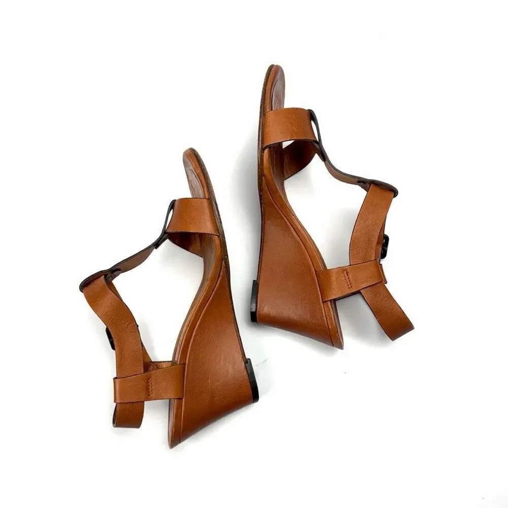 CHIE MIHARA Wedge High Heels Sandals Cognac Leather T-strap size 36,5 US 6,5