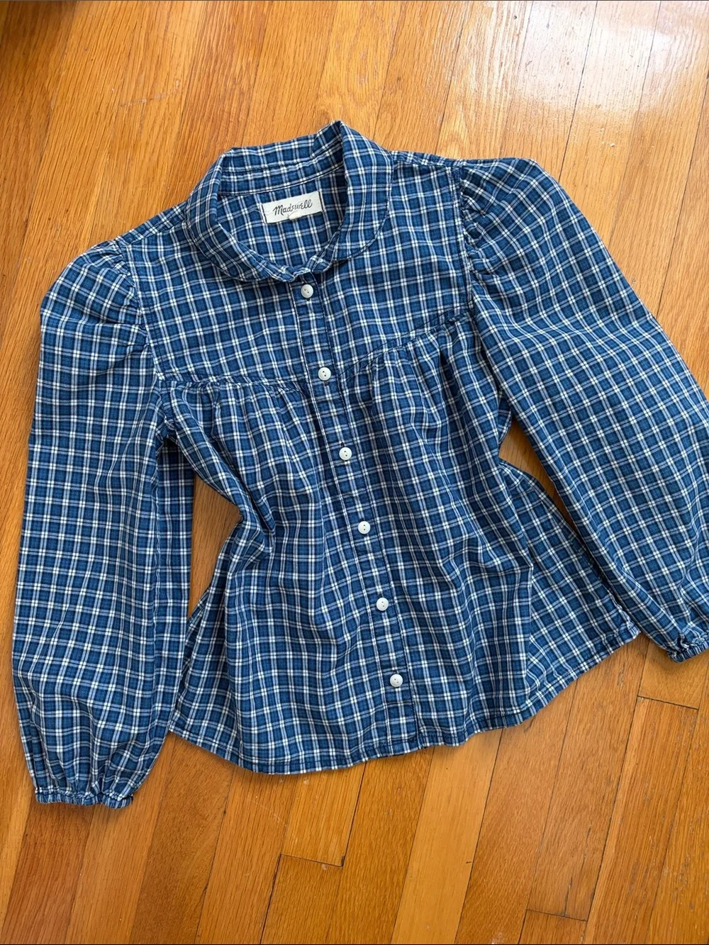 Madewell XXS Plaid Button Front Puff Sleeve Rounded Collar Blouse Top