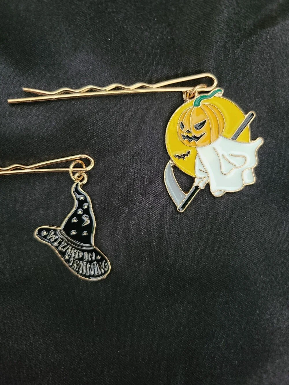 Gold Halloween Charm Hair Pins - Pumpkin & Witch Hat