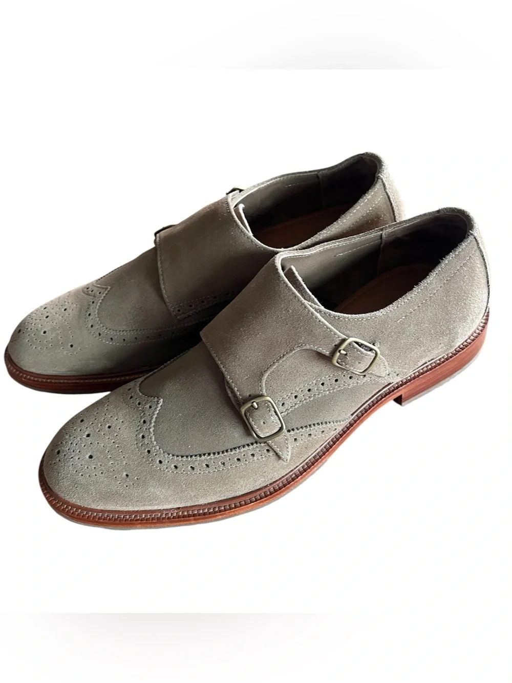 Trask Dress Shoes Mens Size 10.5 Taupe Suede Double Monk Strap Wingtip