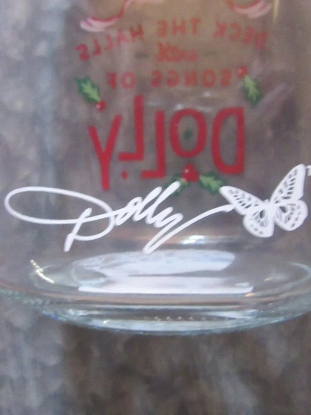 NWT Large glass Dolly Parton Christmas clear cannister w. wooden bow top