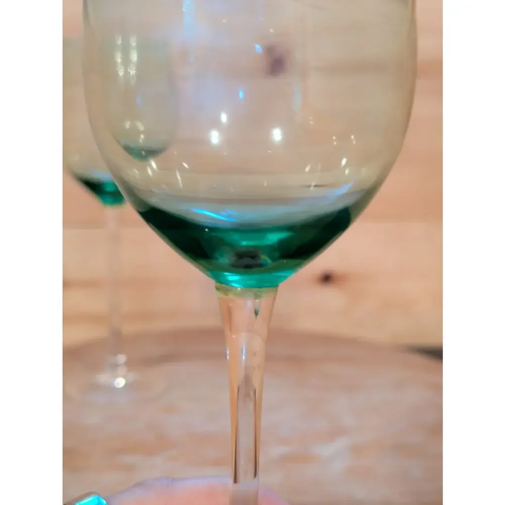 Vintage Green Bowl Clear Stem Wine Glasses Set of 2 Tall 9.25