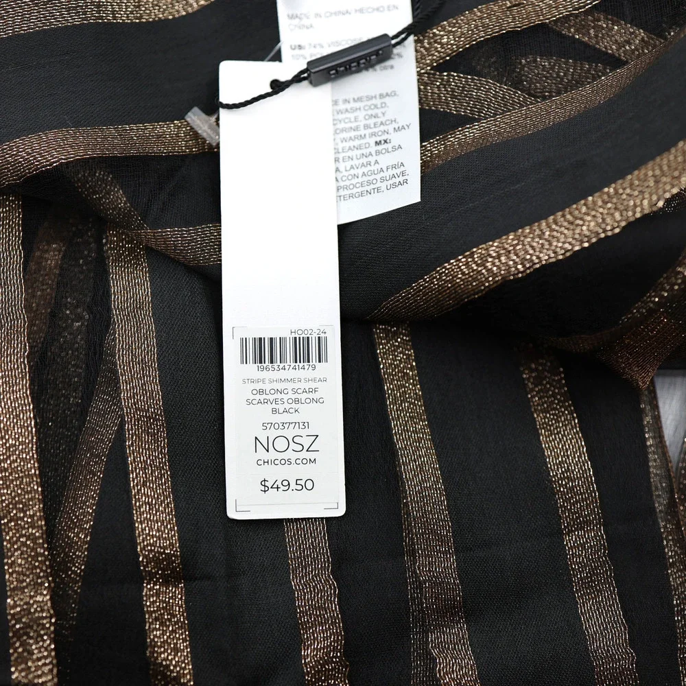 A5 NWT Auth CHICO'S Metallic Silk Blend Sparkling Black Gold Lurex Scarf $49.50