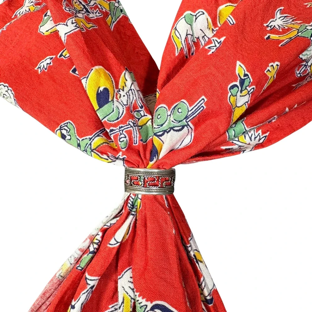 Red Triangle Kerchief Large Cowboy Print Cotton Scarf Vintage 50