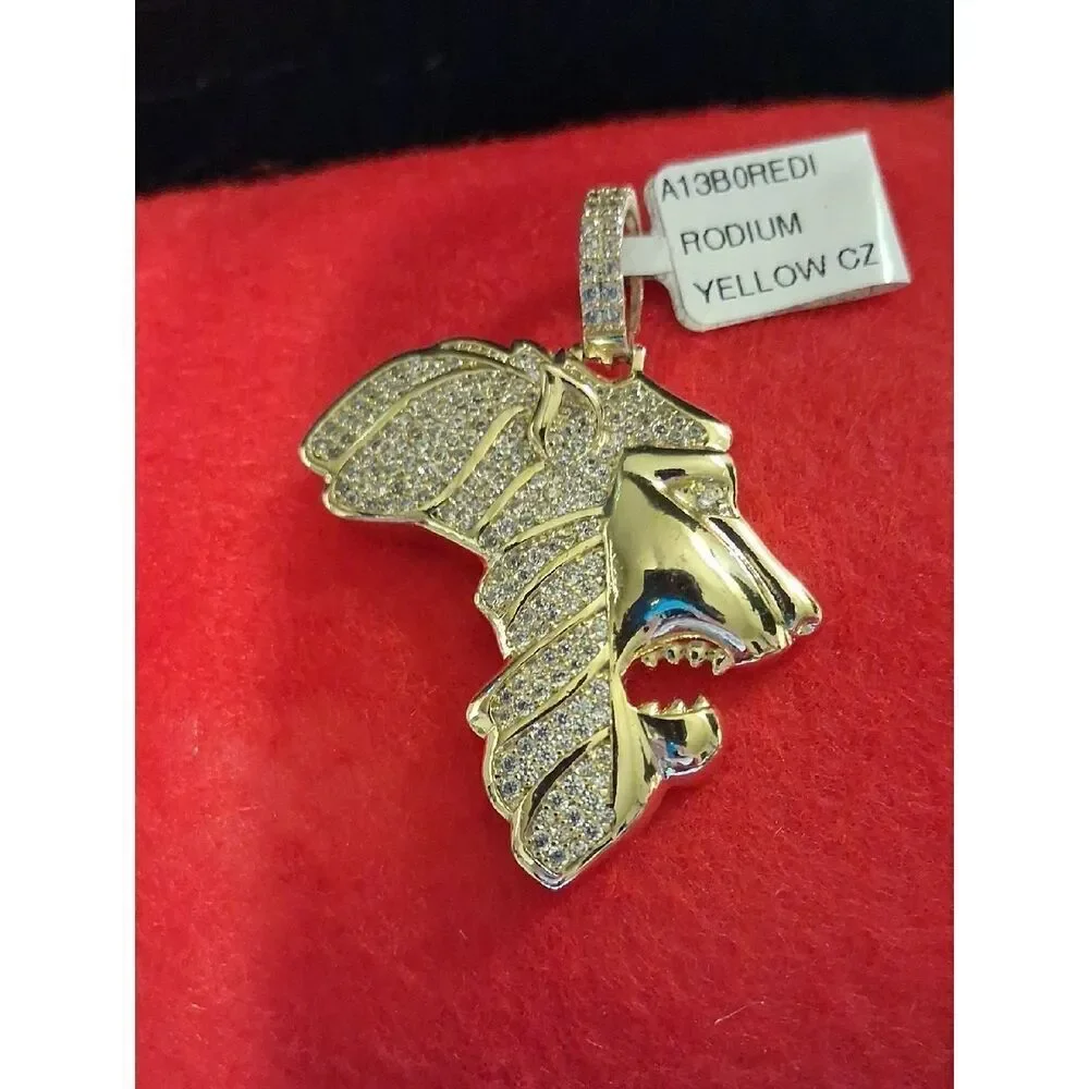 Rodium Yellow Iced Out Cubic Zirconia Lion Head Pendant On 18k GP Chain New