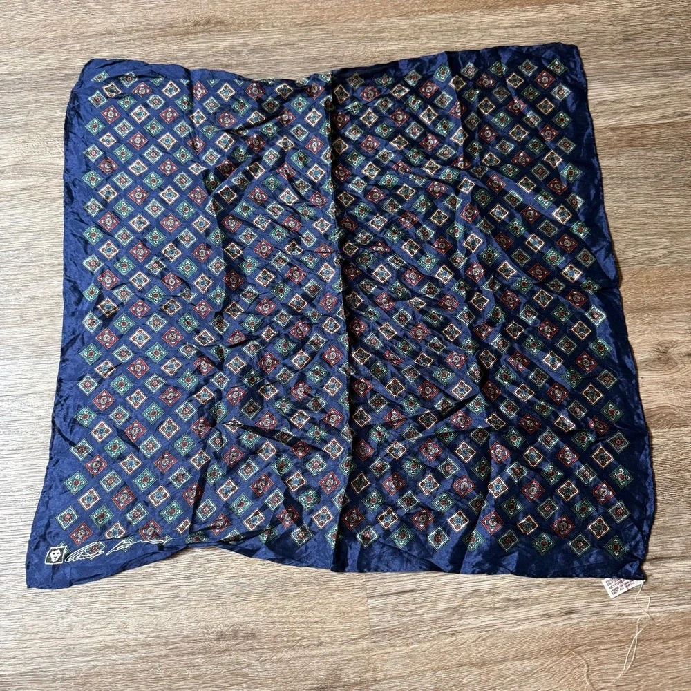 Anne Klein Silk Scarf Arabesque Repeat Vintage Japan | Navy | 20.5