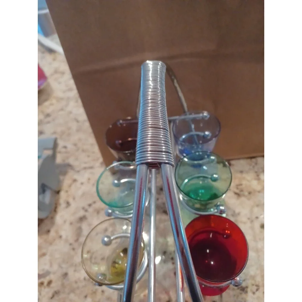 Vtg Mid-Century 6 Pc Colored Glass Cordial Glasses On A Modern Metal Stand