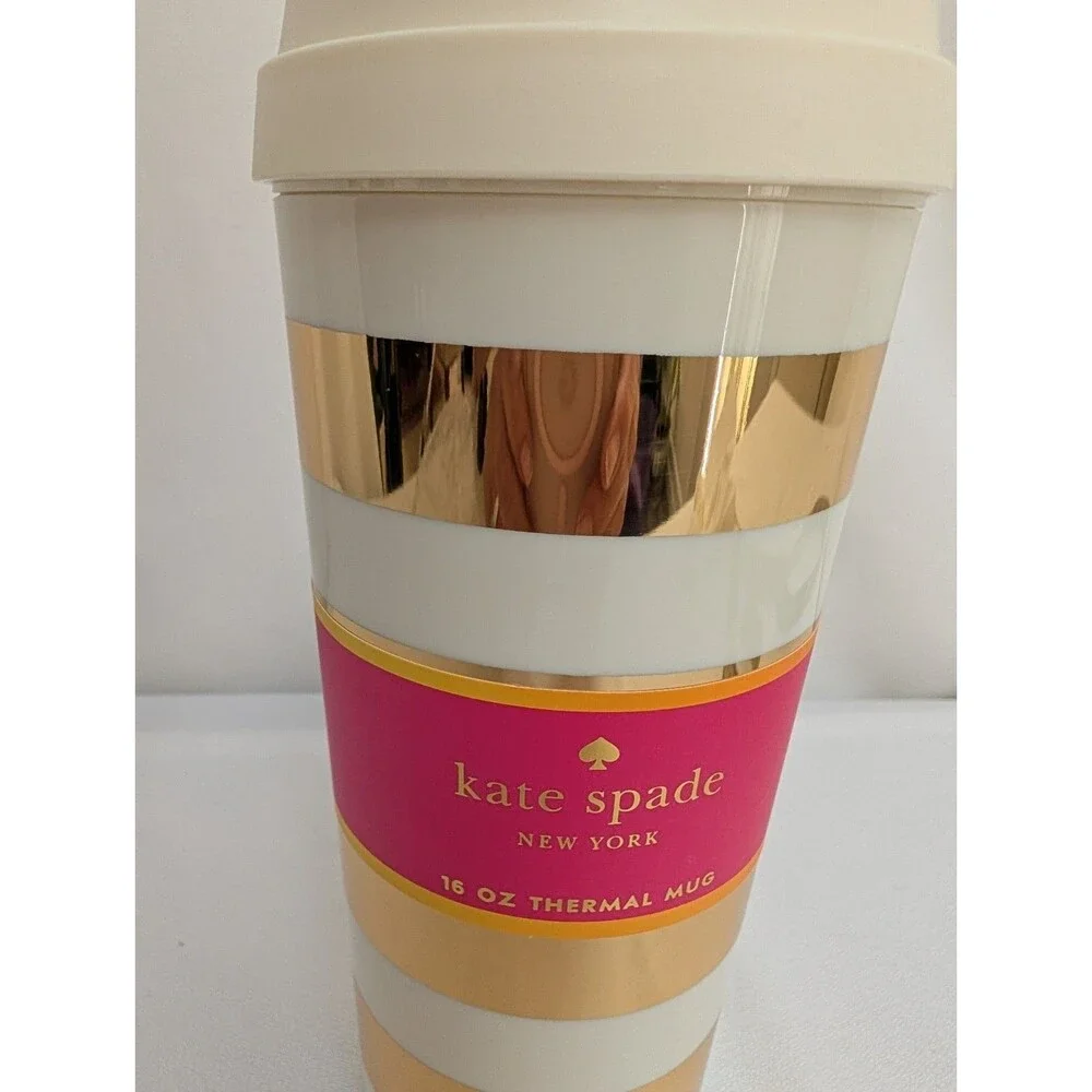 Kate Spade Striped Gold 16 oz Thermal Travel Mug Coffee Cup Hot Gold