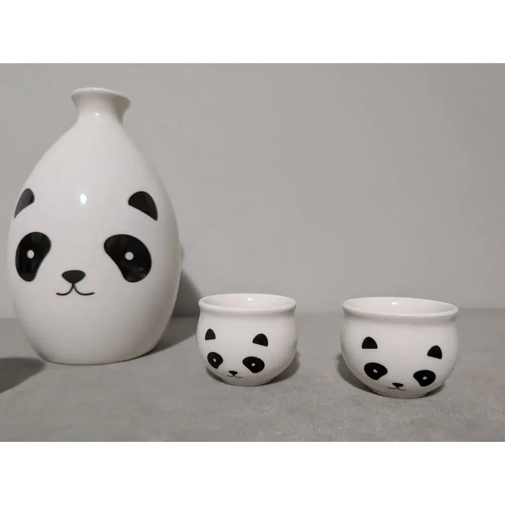 5pc Ceramic Panda Sake Set Japanese Decanter Bottle 4 Cups Storage Box Kawaii