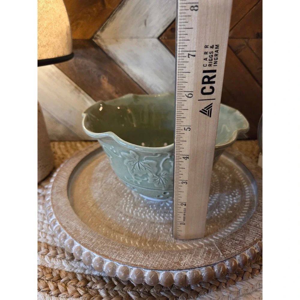 Ceramic Berry Bowl Colander Celadon Green Ivy Butterfly Scalloped Fruit Strainer