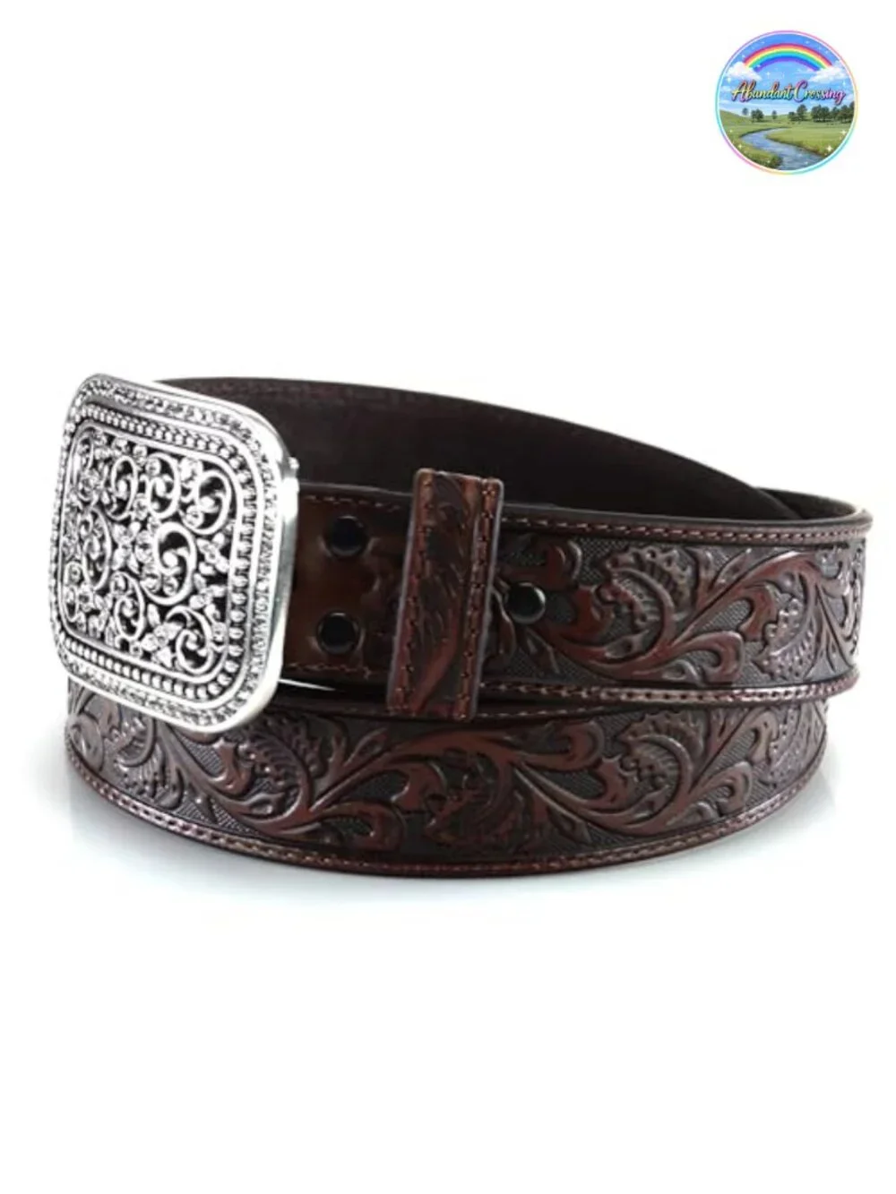 Genuine Leather Western Belt with Ornate Rhinestone Buckle
