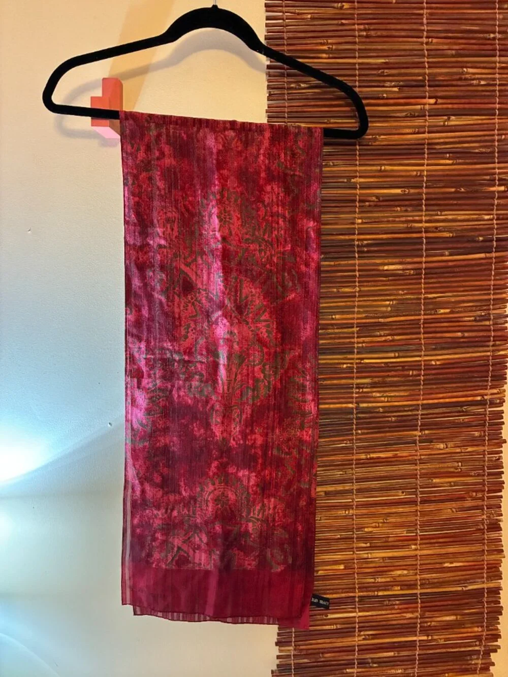 Vintage Ellen Tracy 100% Silk Scarf - Whimsigoth - Deep Red with Damask Motif