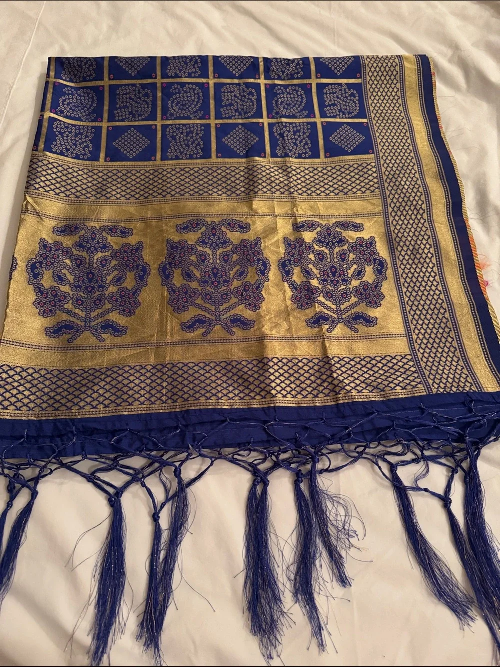 NWT Royal Blue Silk Bandhani Dupatta Scarf with Gold Zari Border & Tassels