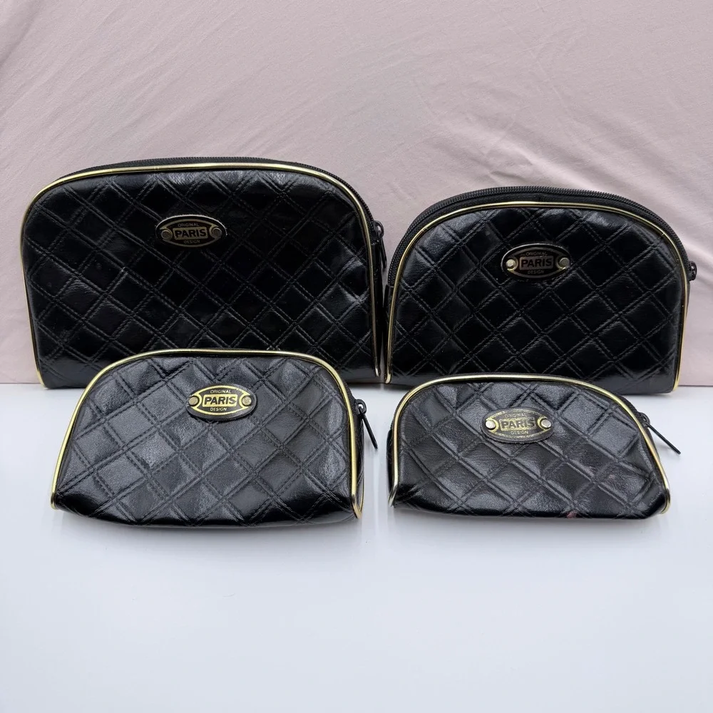 Original Paris Design 4 Piece Quilted Cosmetic Bag Set Black Gold Travel Pouches