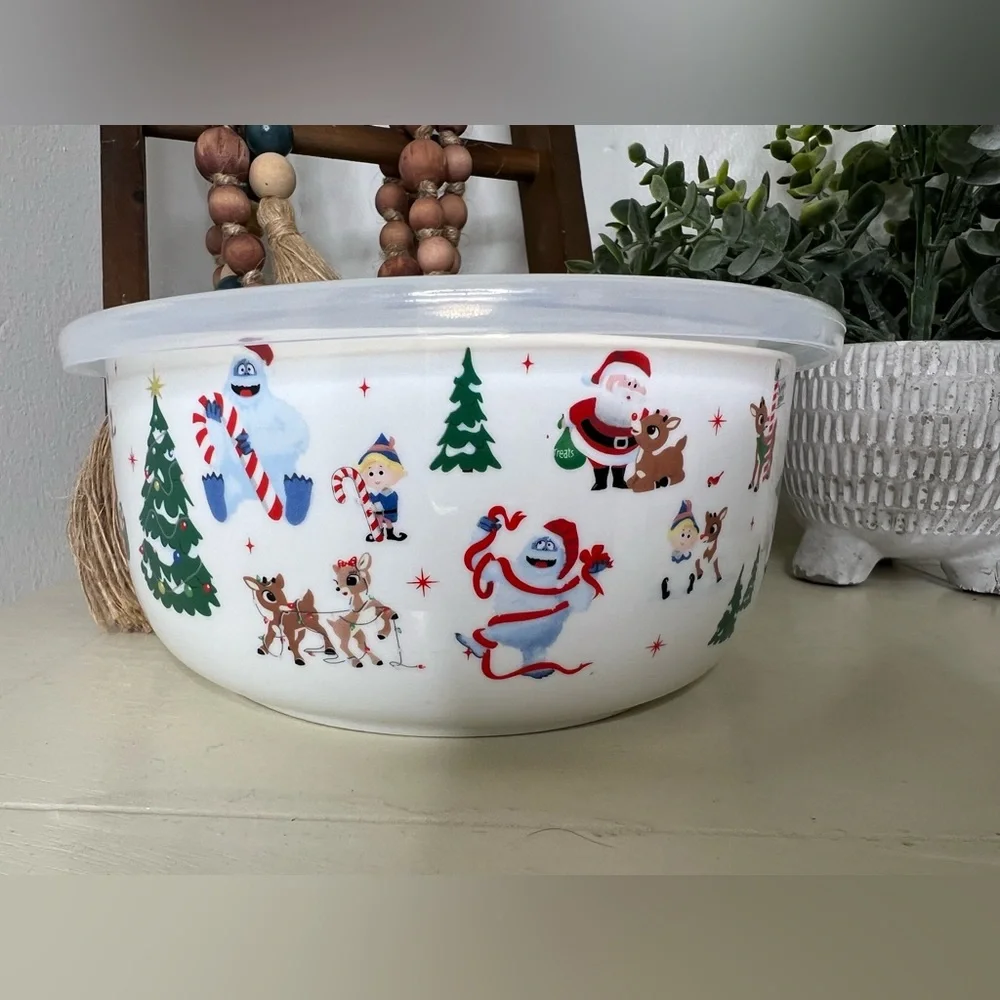ZRIKE -32 Oz Round Plastic Microwave Bowl w/Vent Lid (Rudolph Christmas)