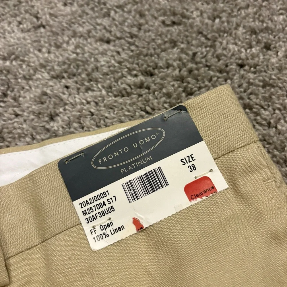 Pronto Uomo Platinum Pants Beige Flat Front 100% Linen 38 NEW UNCUT / UNHEMMED!